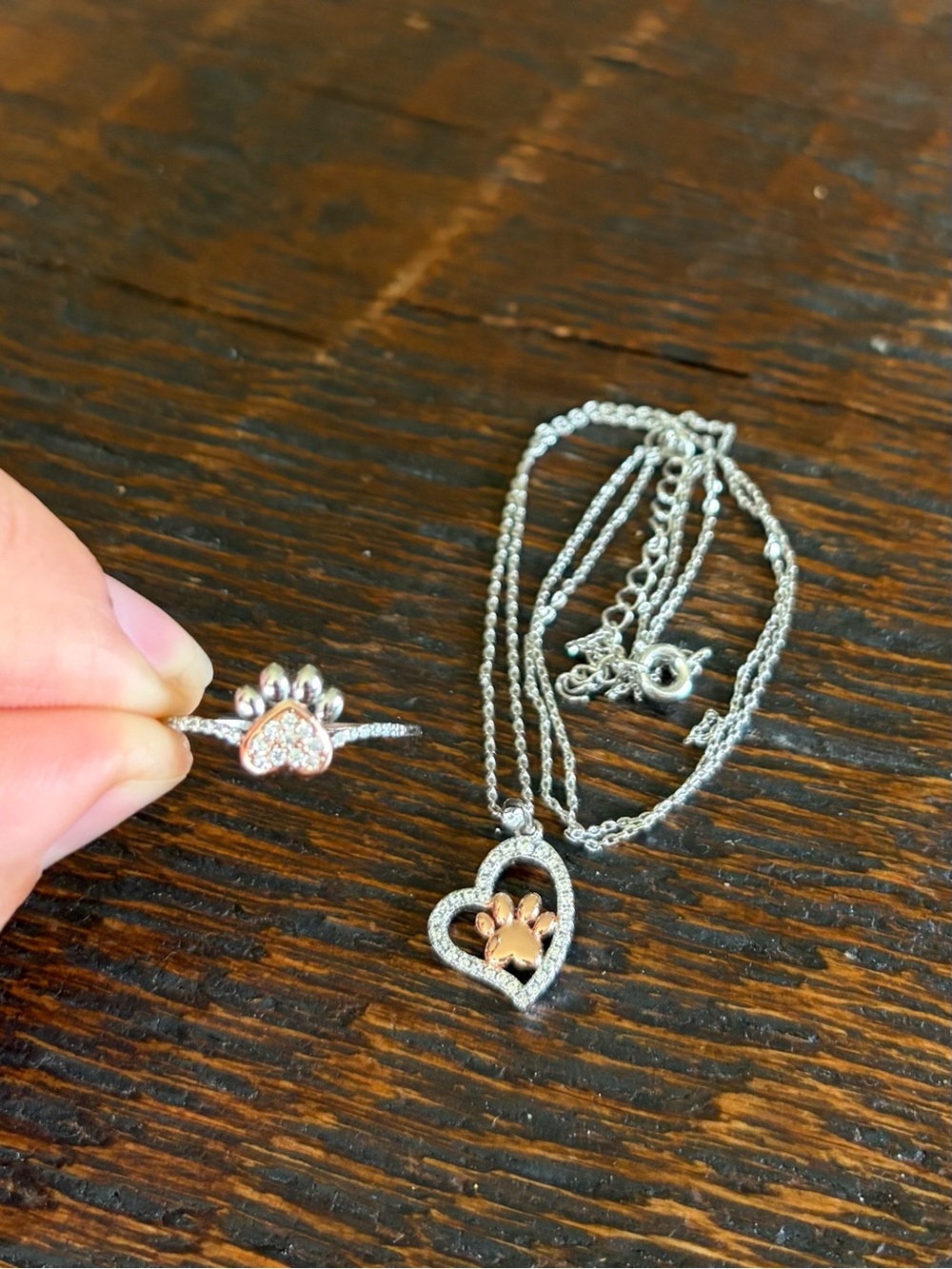 Two-Tone Paw Print Heart Necklace and Ring Set - Silver with Rose Gold Accents